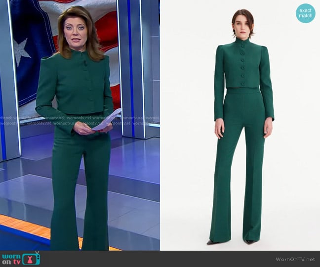Theo The Label Daphne Cropped Military Jacket in Artic Moss worn by Norah O'Donnell on CBS Evening News