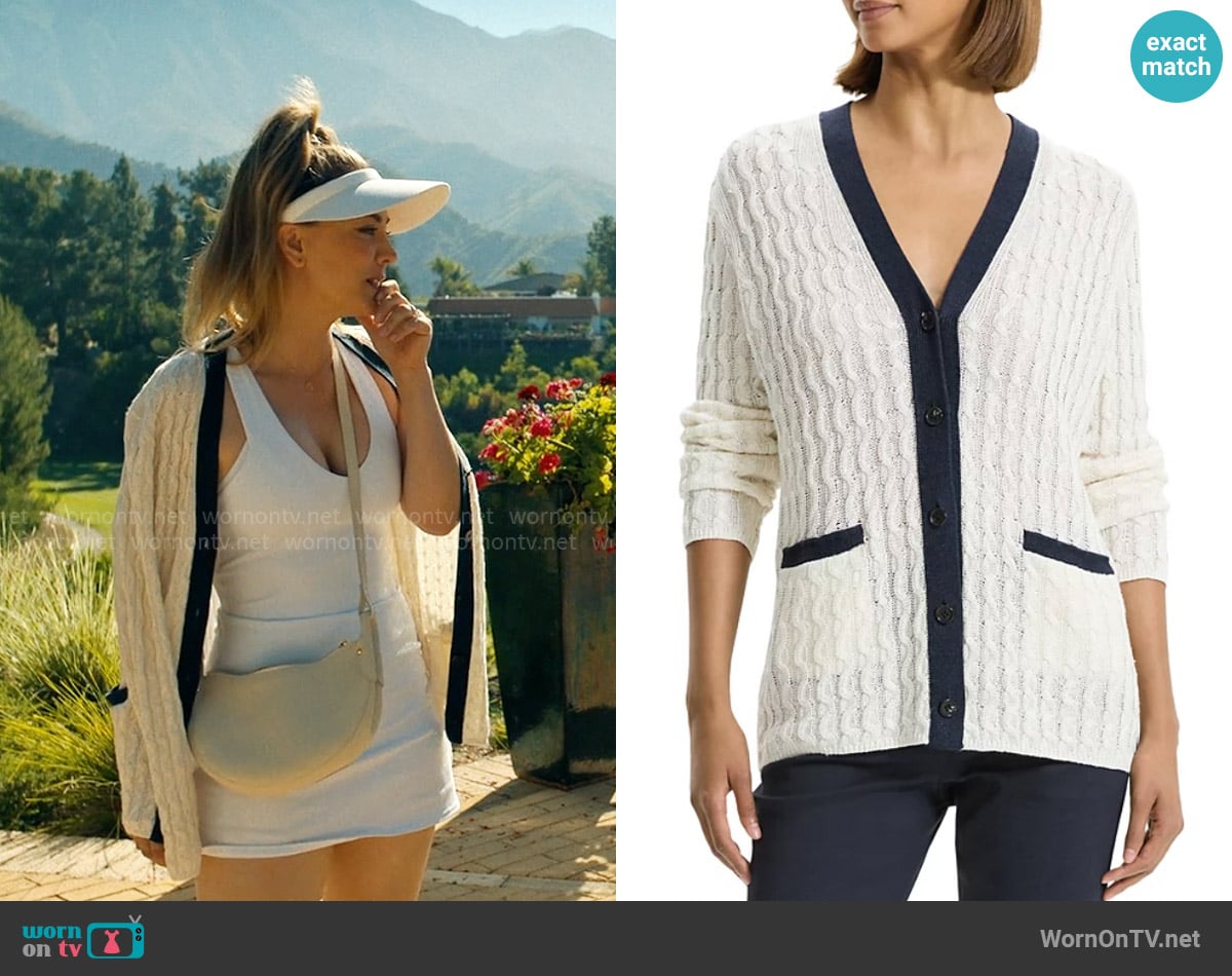 Theory Contrast Cable Knit Cardigan worn by Ava Bartlett (Kaley Cuoco) on Based on a True Story