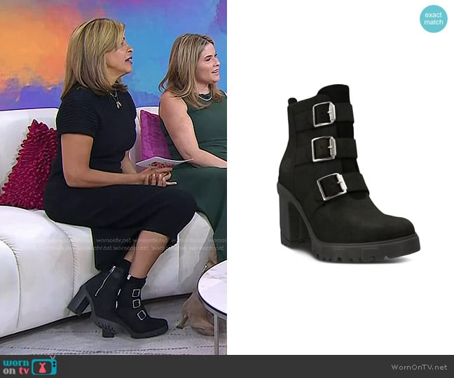 Timberland Lana Point Buckled Block-heel Boots in Black Nubuck worn by Hoda Kotb on Today