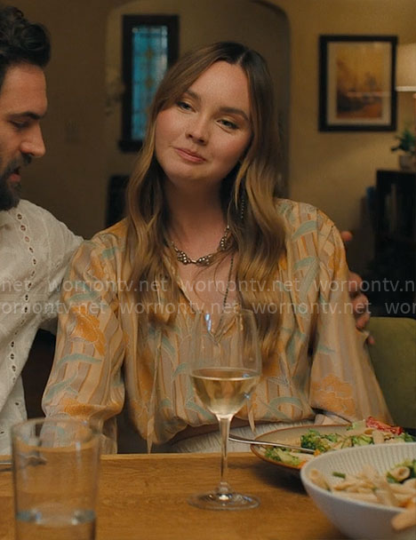 Tory’s beige floral top on Based on a True Story