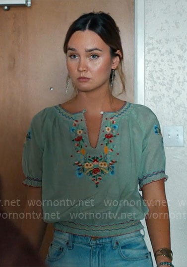 Tory’s green floral embroidered top on Based on a True Story