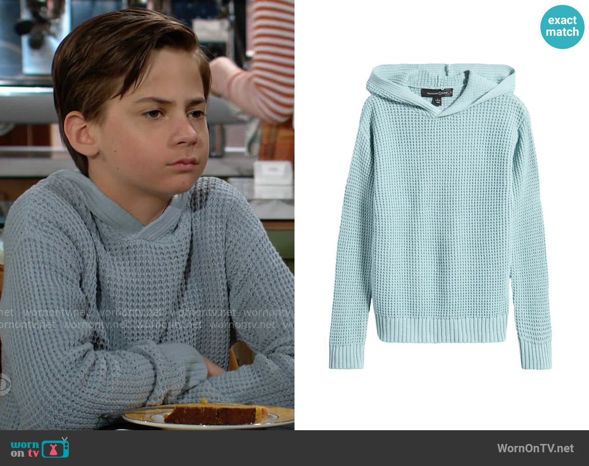 Treasure & Bond Waffle Knit Pullover Hoodie in Blue Raindrop worn by Connor Newman (Judah Mackey) on The Young and the Restless