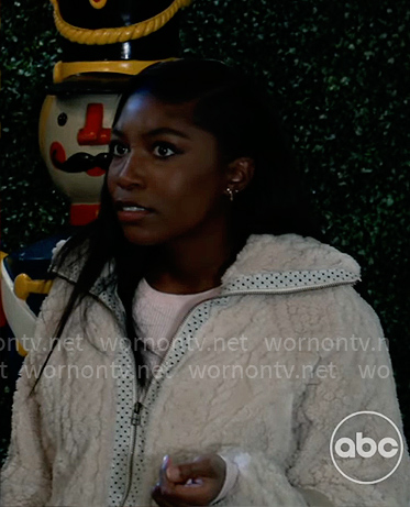 Trina’s white fluffy jacket on General Hospital