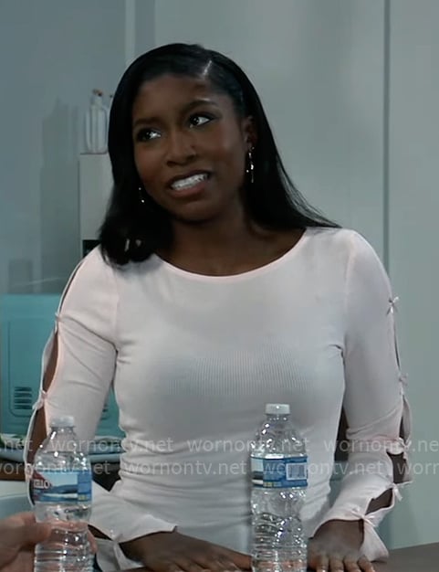 Trina’s pink bow sleeve top on General Hospital