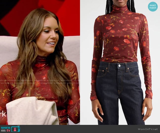 Cinq a Sept Falling Poppies Mesh Turtleneck Top in Rhubarb Multi worn by Monica Mangin on Live with Kelly and Mark