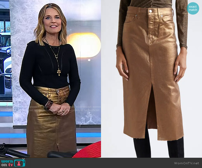 Veronica Beard Victoria Front Slit Metallic Midi Skirt in Antique Brass worn by Savannah Guthrie on Today