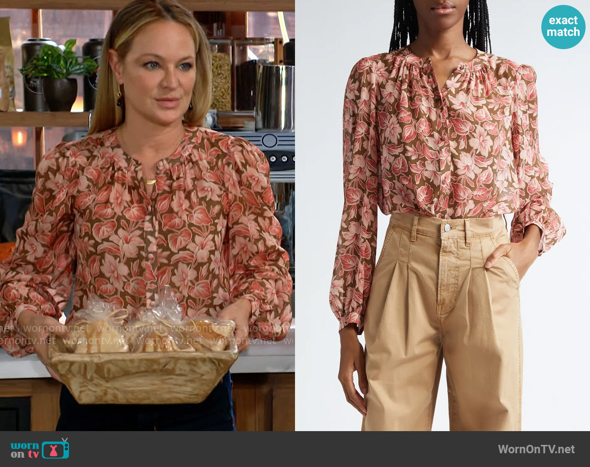 Veronica Beard Ashlynn Blouse in Deep Ochre Multi worn by Sharon Newman (Sharon Case) on The Young and the Restless