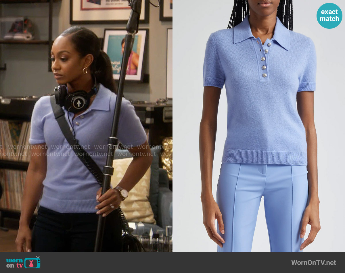 Veronica Beard Brandt Cashmere Polo Top in Hydrangea worn by Nina (Tetona Jackson) on Poppas House