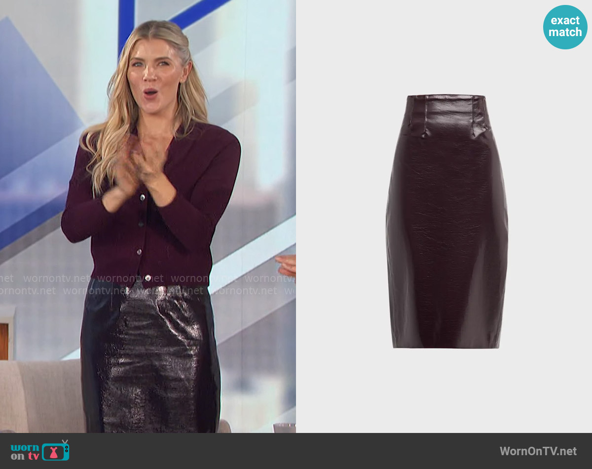 Veronica Beard Holmes Vegan Leather Pencil Skirt in Plum worn by Amanda Kloots on The Talk