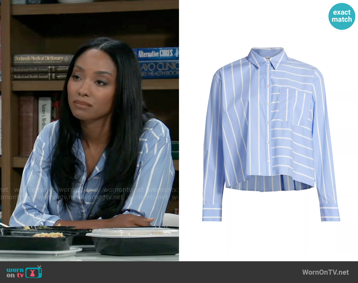 Veronica Beard Kinley Shirt in Hydrangea White worn by Jordan Ashford (Tanisha Mariko Harper) on General Hospital