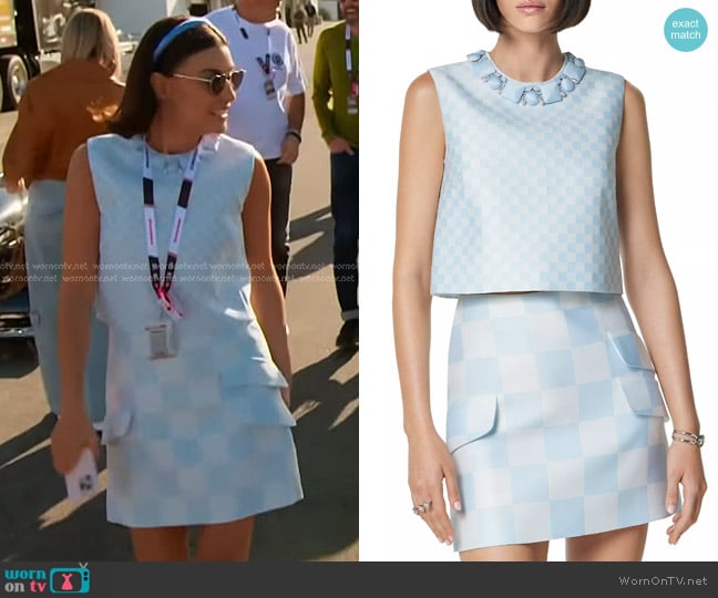 Versace Damier Check Duchesse Satin Crop Top worn by Bronwyn Newport on The Real Housewives of Salt Lake City