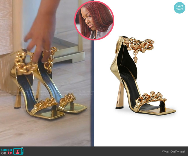 Versace Medusa Chain Sandals worn by Garcelle Beauvais on The Real Housewives of Beverly Hills
