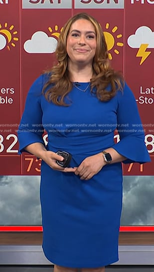 Violeta Yas’s blue bell sleeve sheath dress on NBC News Daily