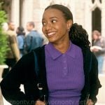 Whitney’s purple polo top and cargo jeans on The Sex Lives of College Girls