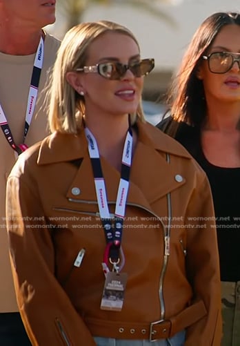 Whitney’s tan leather moto jacket on The Real Housewives of Salt Lake City