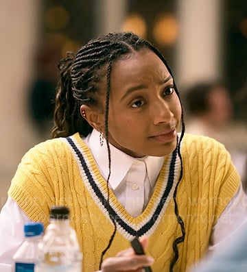 Whitney’s yellow sweater vest on The Sex Lives of College Girls