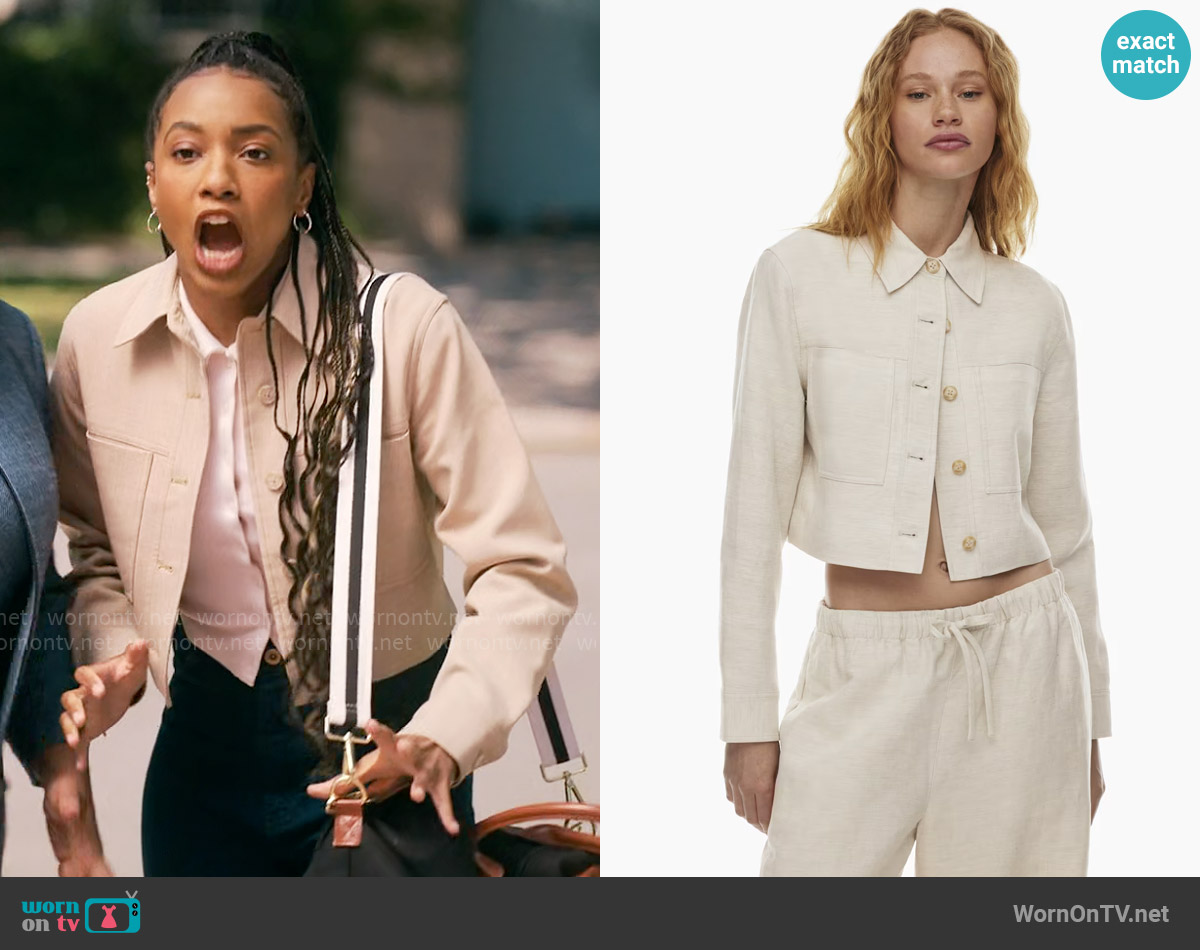 Wilfred Little Cropped Linen Jacket in Natural Ecru worn by Whitney Chase (Alyah Chanelle Scott) on The Sex Lives of College Girls