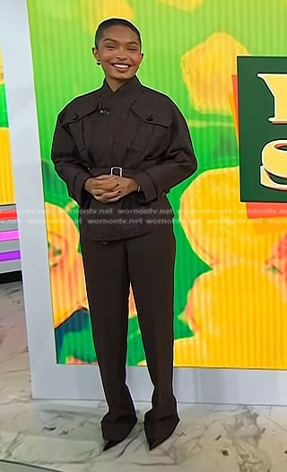 Yara Shahidi’s brown belted jacket and pants on Today