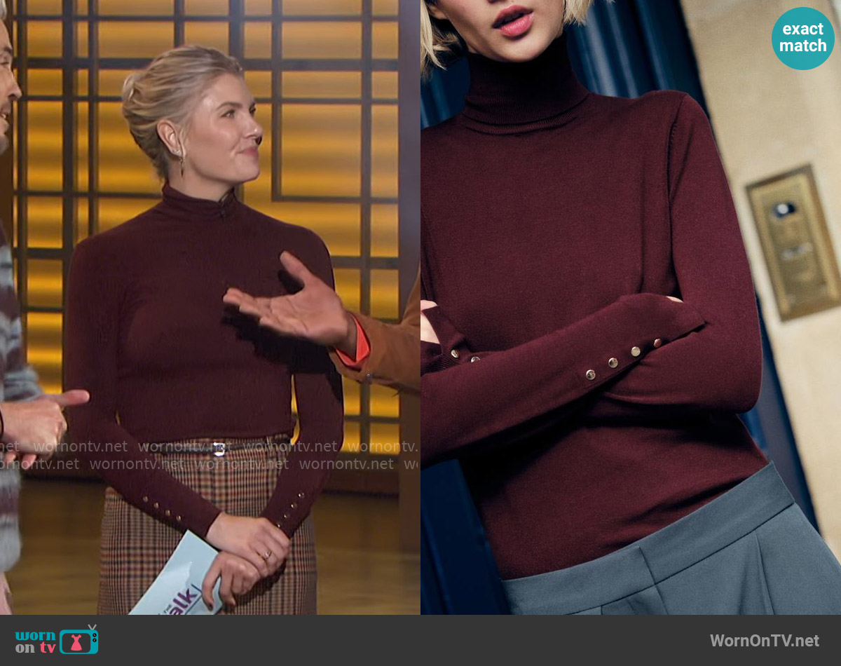 Zara Baskic Knit Sweater in Burgundy worn by Amanda Kloots on The Talk