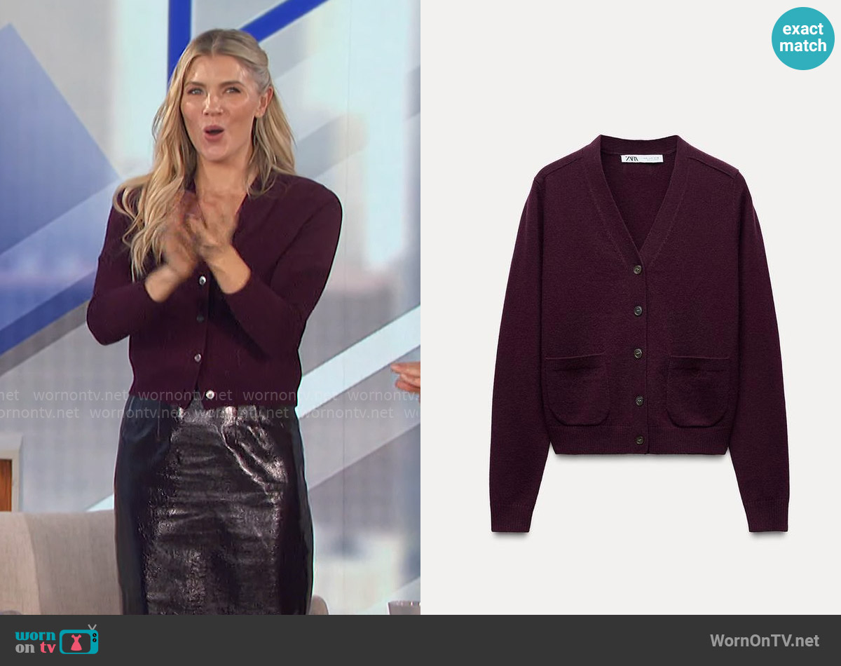 Zara Basic 100% Wool Cardigan in Eggplant worn by Amanda Kloots on The Talk