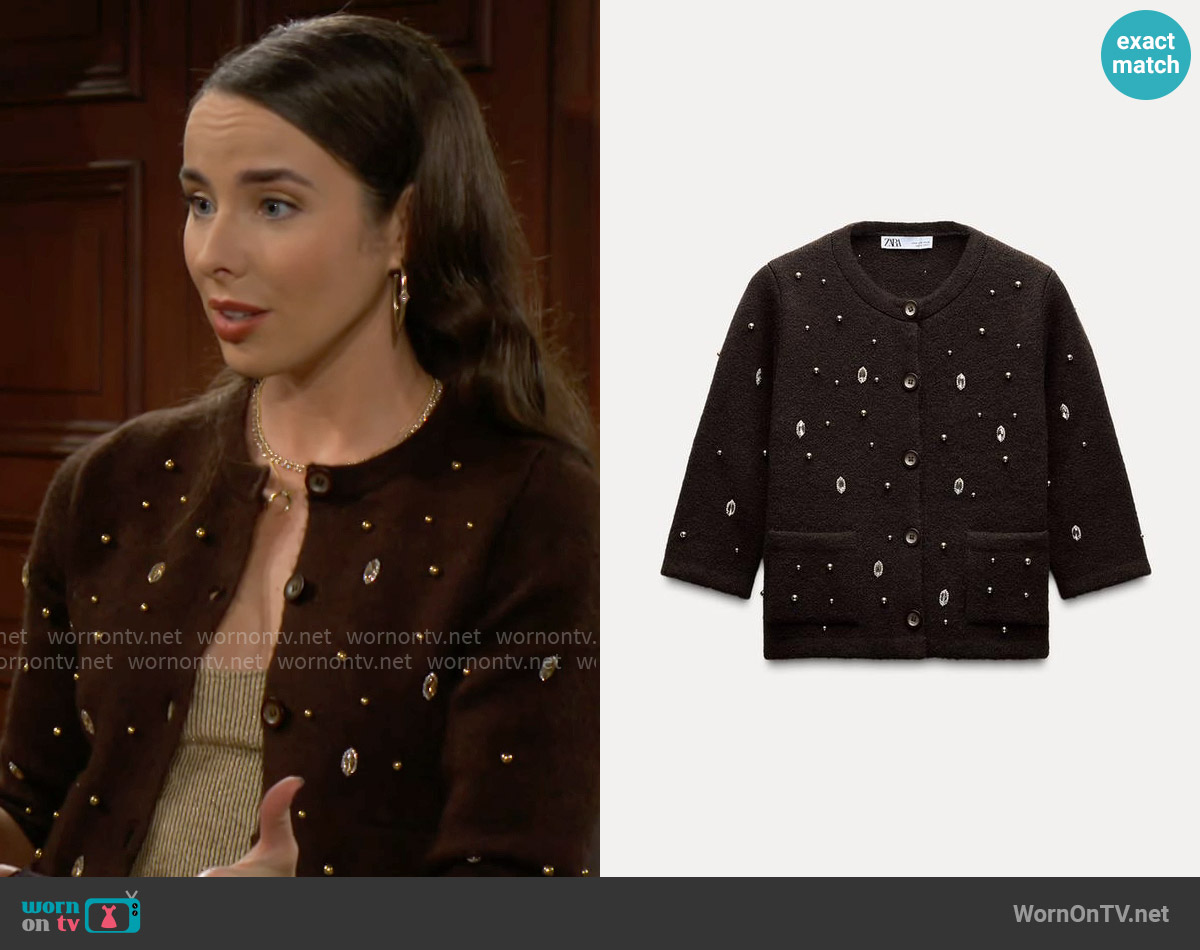 Zara Jewel Beaded Knit Cardigan worn by Ivy Forrester (Ashleigh Brewer) on The Bold and the Beautiful