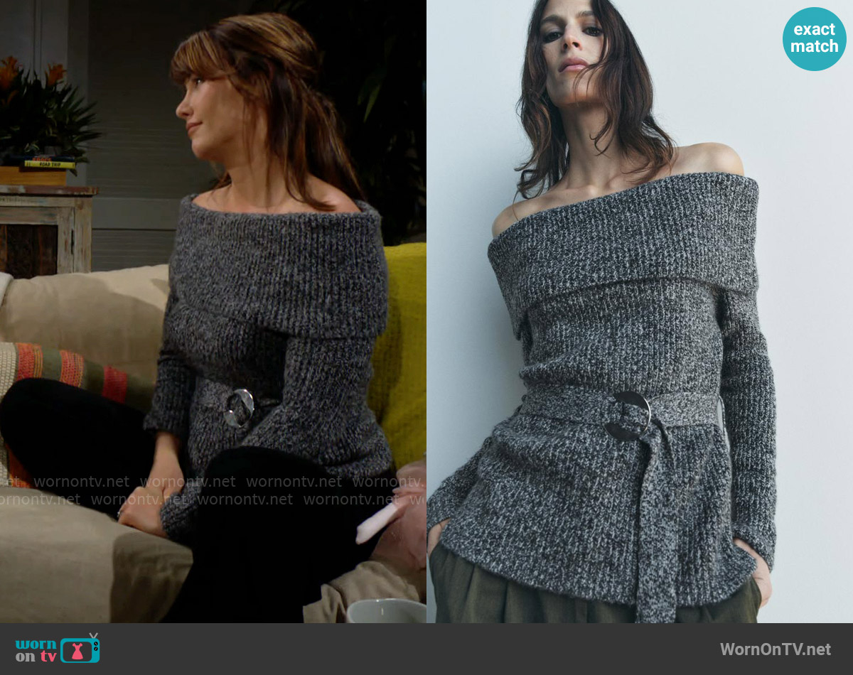 Zara Off The Shoulder Belted Knit Sweater worn by Steffy Forrester (Jacqueline MacInnes Wood) on The Bold and the Beautiful