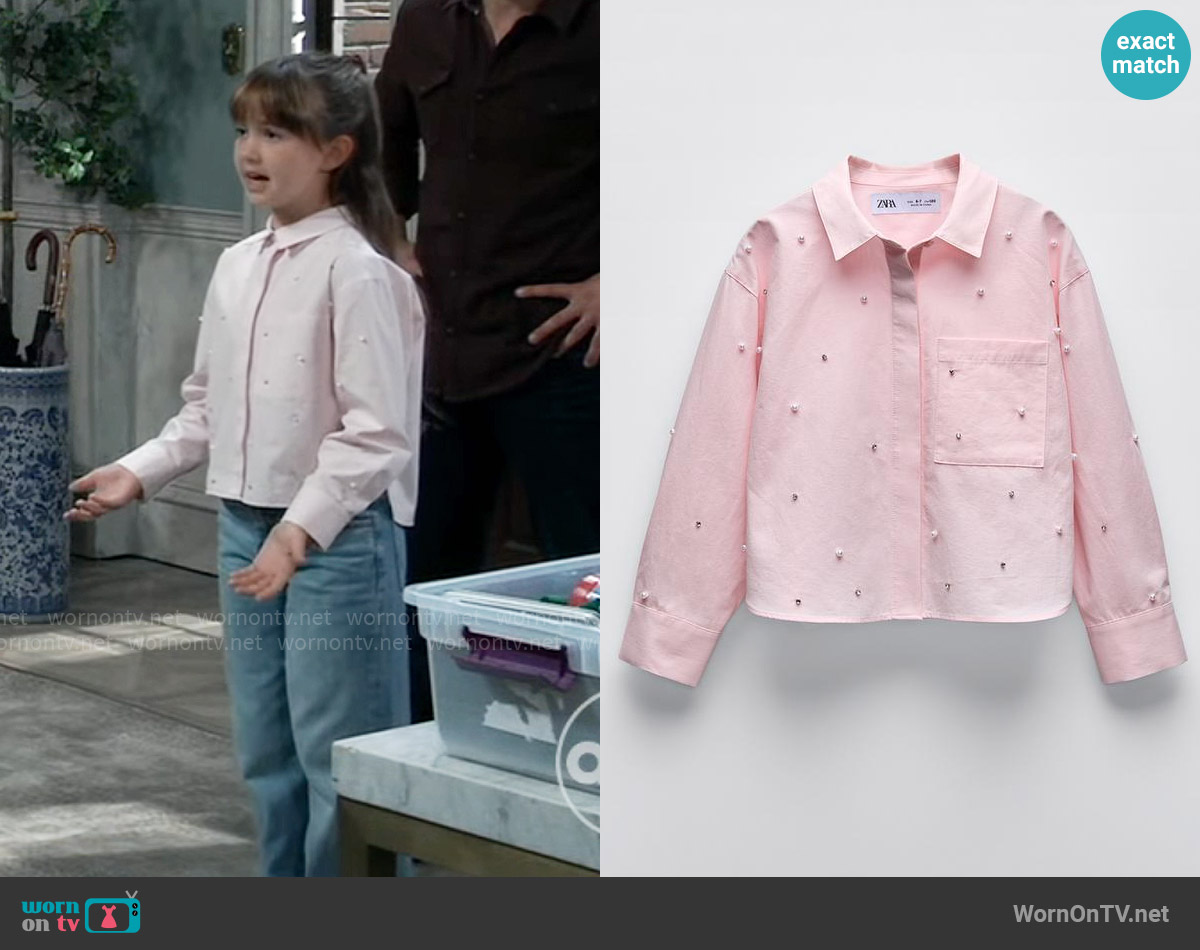 Zara Shimmery Pearl Shirt worn by Scout Quartermaine (Cosette Abinante) on General Hospital