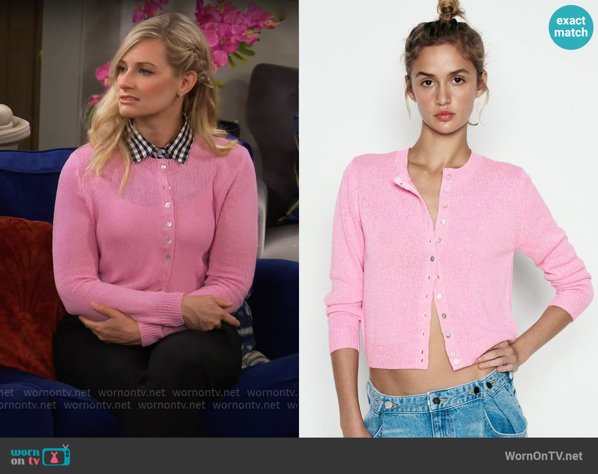 Zara Smooth Knit Cardigan in Pastel Pink worn by Gemma (Beth Behrs) on The Neighborhood