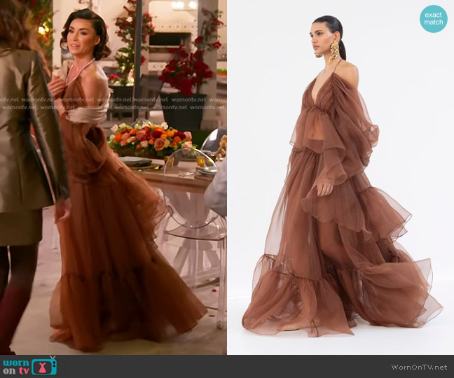 Zimmermann Natura Gathered Top in Toffee worn by Bronwyn Newport on The Real Housewives of Salt Lake City