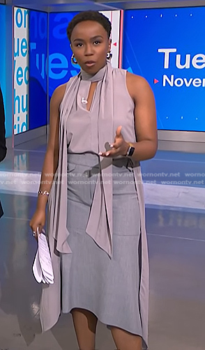 Zinhle’s grey sleeveless scarf top on NBC News Daily