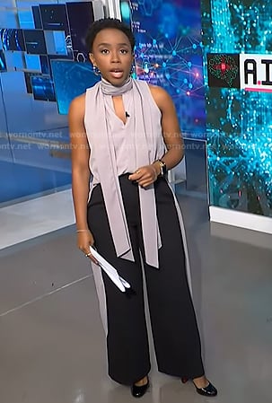 Zinhle’s grey sleeveless scarf top on NBC News Daily