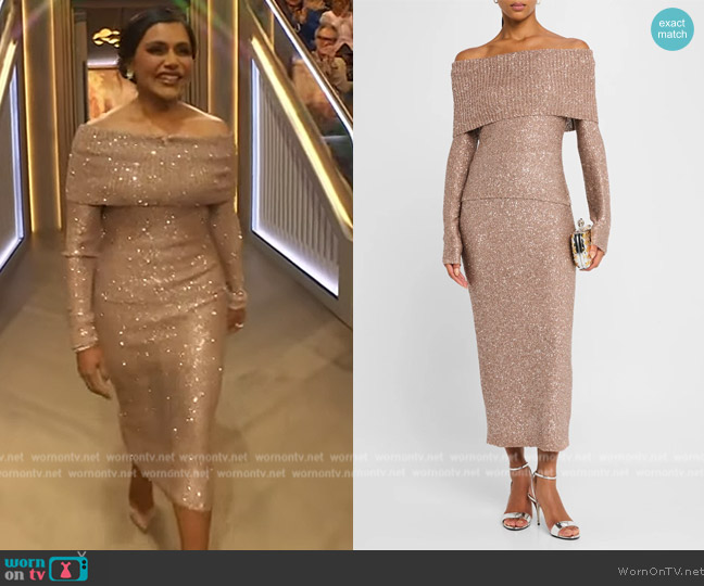 A.L.C. Evelyn Sparkly Off-The-Shoulder Top worn by Mindy Kaling on The Drew Barrymore Show