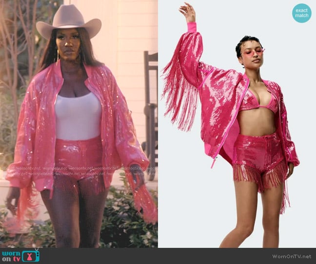 Adidas x Ivy Park Sequin Jacket with Fringe in Pink worn by Bozoma Saint John on The Real Housewives of Beverly Hills
