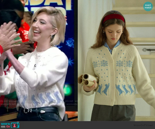 Simple Retro Aleena Fair Isle Snowflake Cardigan worn by Heidi Gardner on Live with Kelly and Mark