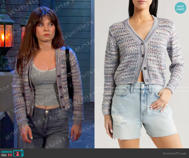 All in Favor Marled Open Stitch Cardigan in Blue Multi worn by Joy Wesley (AlexAnn Hopkins) on Days of our Lives