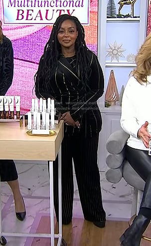 Ashunta Sheriff’s black stripe velvet blazer and pants on Today