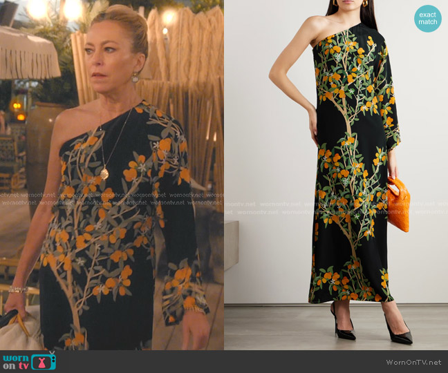 Bernadette Lola One-sleeve Printed Maxi Dress worn by Sutton Stracke on The Real Housewives of Beverly Hills