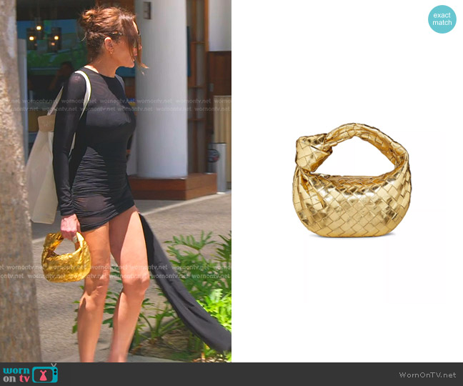 Bottega Veneta Mini Jodie Metallic Leather Top Handle Bag in Gold worn by Meredith Marks on The Real Housewives of Salt Lake City