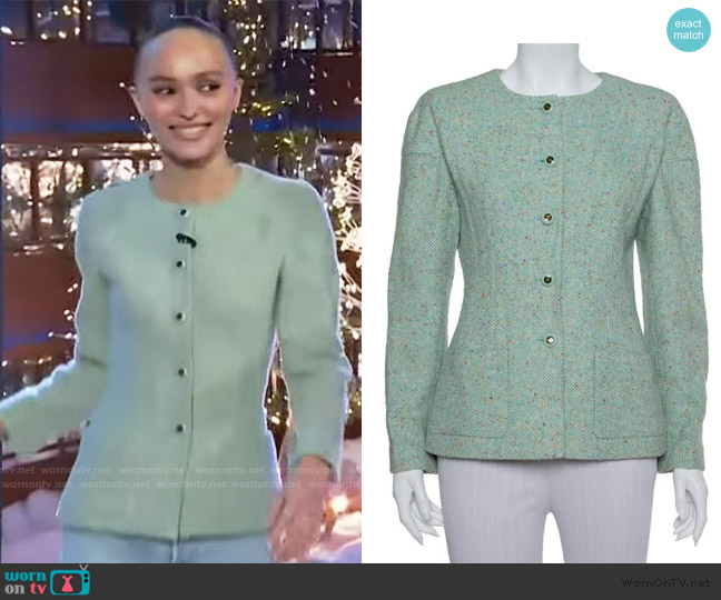 Mint Green Tweed Button Front Jacket Chanel worn by Lily-Rose Depp on The Kelly Clarkson Show