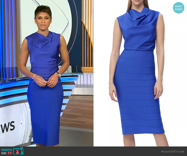 Herve Leger Audrey Satin Cowl Top in Violet worn by Jericka Duncan on CBS Evening News