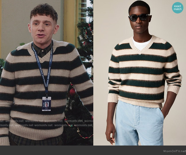 J. Crew Brushed wool V-neck sweater in stripe worn by Jacob Hill (Chris Perfetti) on Abbott Elementary