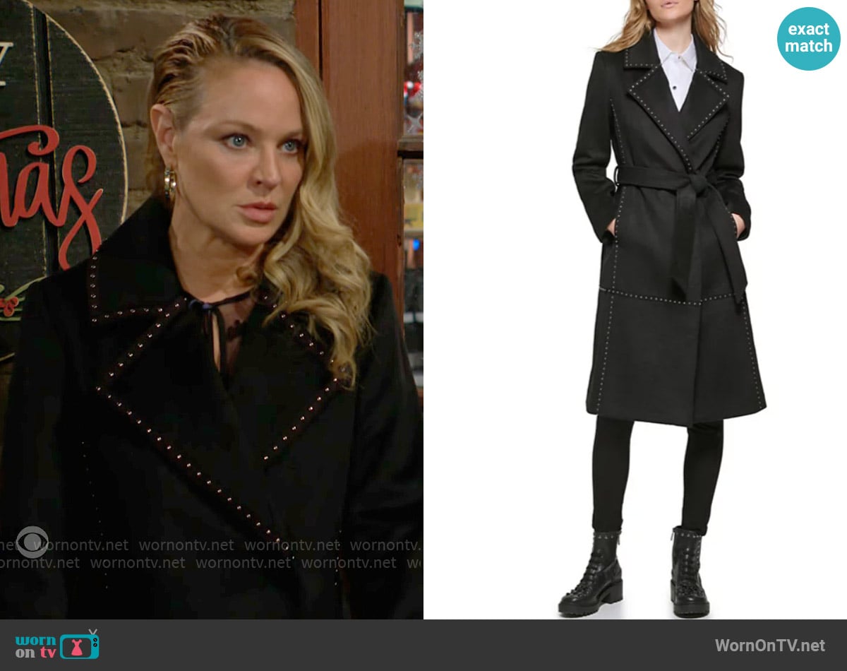 Karl Lagerfeld Paris Studded Belted Wrap Coat worn by Sharon Newman (Sharon Case) on The Young and the Restless