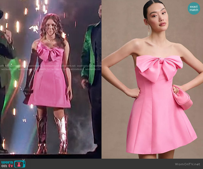 Mac Duggal Strapless A-Line Bow Mini Dress in Pink worn by Sydney Sterlace on The Voice