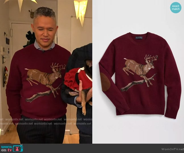 Brooks Brothers Merino Wool Crewneck Sweater with Deer Intarsia Motif worn by Dr. García-Mathews on The Drew Barrymore Show