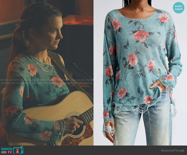 R13 Distressed Floral Boyfriend Sweater in Blue Floral worn by Emily Morgan (Chloe East) on No Good Deed