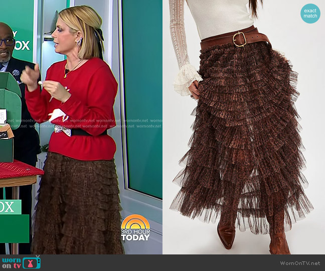 Free People Return Of The Ruffle Maxi Slip Skirt in Caramel Combo worn by Jill Martin on Today