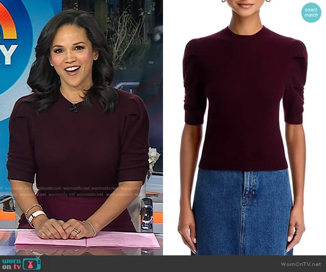 Frame Ruched Puff Sleeve Sweater in Wine worn by Laura Jarrett on Today