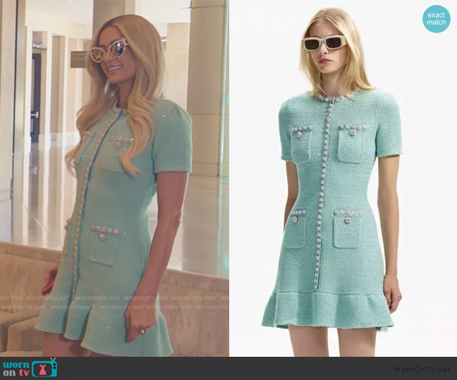 Self Portrait Sequin single-breasted Short sleeve Ruffled knit dress worn by Paris Hilton on Paris and Nicole The Encore