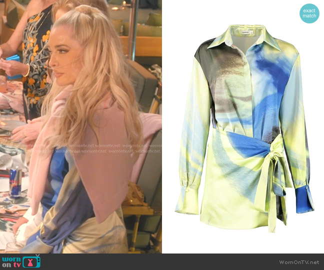 Simkhai Larson Lanie Silk Wrap Mini Dress worn by Erika Jayne on The Real Housewives of Beverly Hills