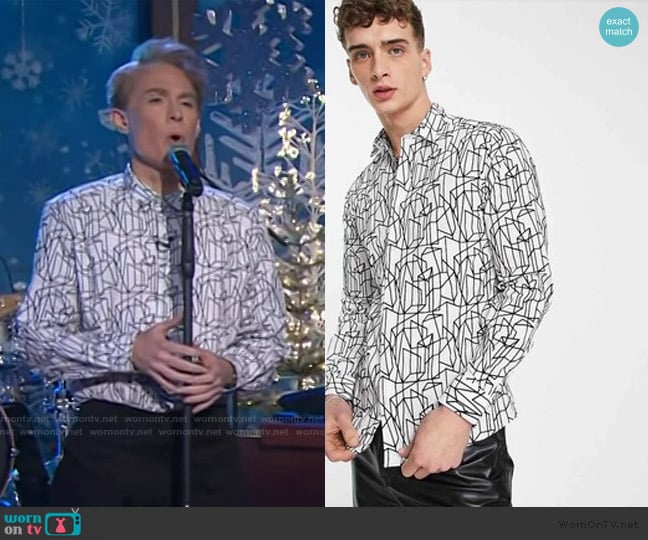 Twisted Taylor butchart shirt in white with linear geo flocking worn by Clay Aiken on The Kelly Clarkson Show